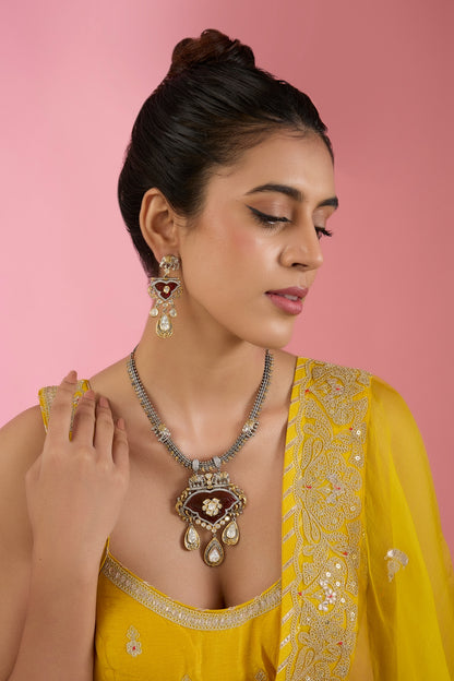 Gold Finish Kundan Polki & Beaded Necklace Set