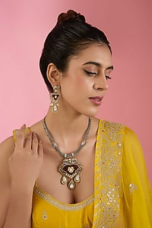 Gold Finish Kundan Polki & Beaded Necklace Set