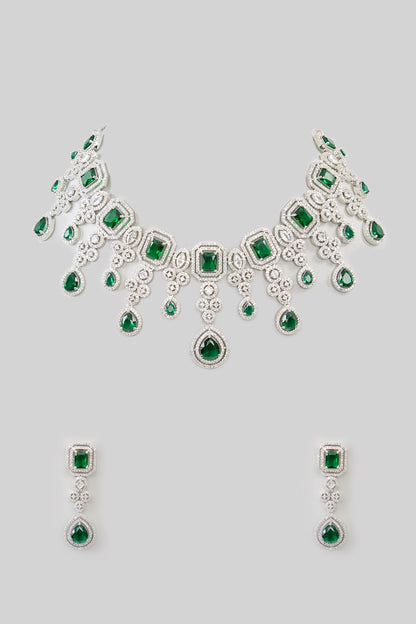 White Finish Zircon & Emerald Necklace Set