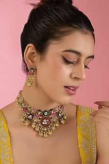 Gold Finish Kundan Polki & Beaded Necklace Set