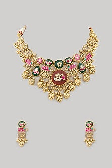 Gold Finish Kundan Polki & Beaded Necklace Set