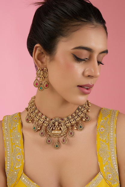 Gold Finish Kundan Polki & Beaded Necklace Set