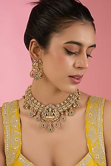 Gold Finish Kundan Polki & Beaded Necklace Set