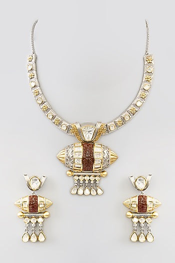 Two Tone Finish Kundan Polki & Beaded Necklace Set
