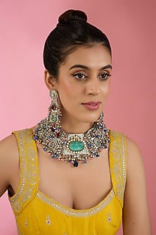White Finish Beaded & Multi-Colored Synthetic Stone Necklace Set