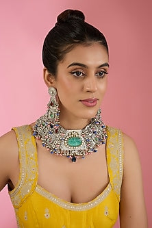 White Finish Beaded & Multi-Colored Synthetic Stone Necklace Set