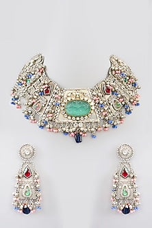 White Finish Beaded & Multi-Colored Synthetic Stone Necklace Set