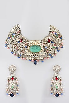 White Finish Beaded & Multi-Colored Synthetic Stone Necklace Set