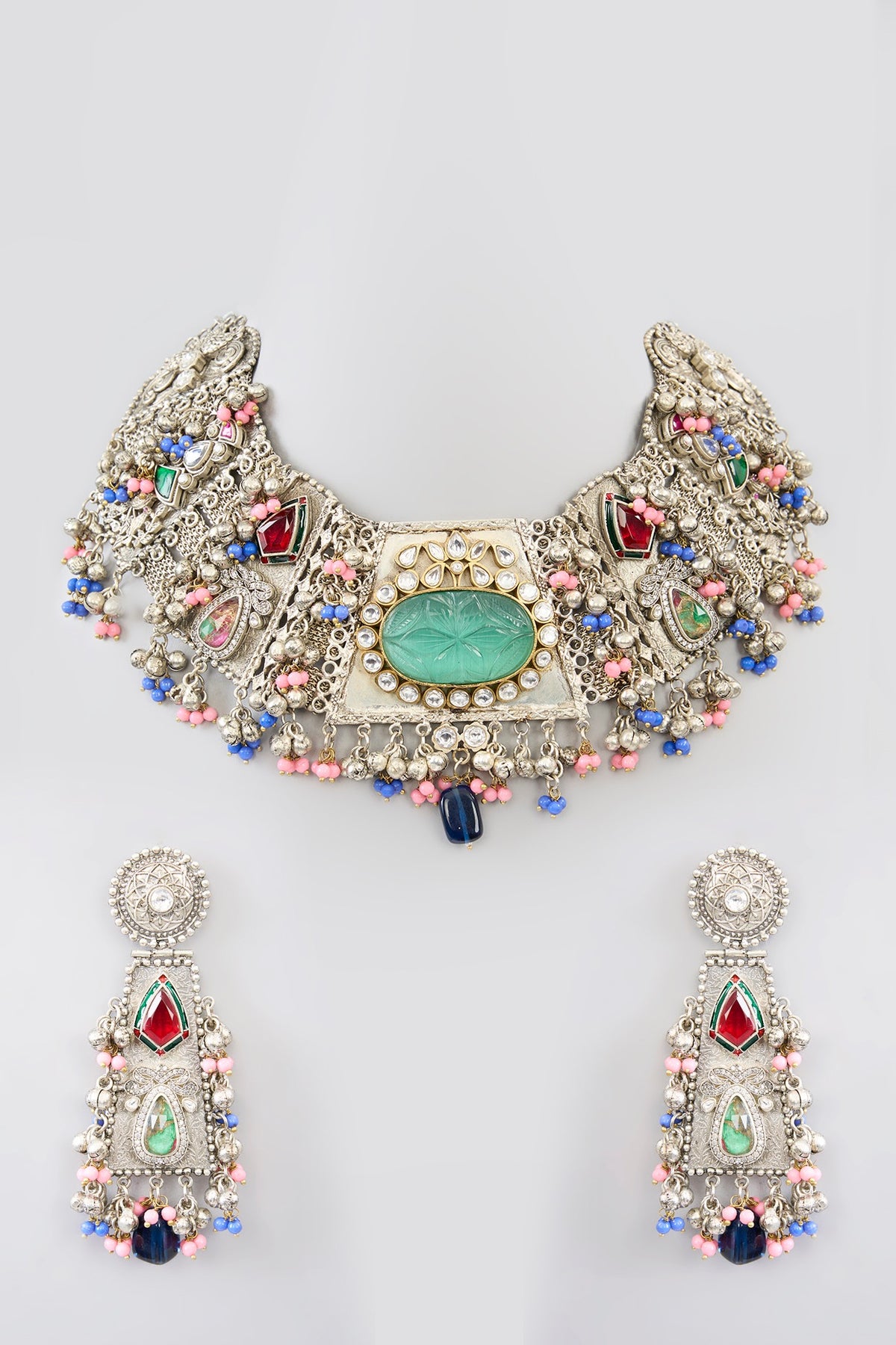 White Finish Beaded & Multi-Colored Synthetic Stone Necklace Set