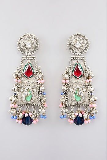 White Finish Beaded & Multi-Colored Synthetic Stone Necklace Set