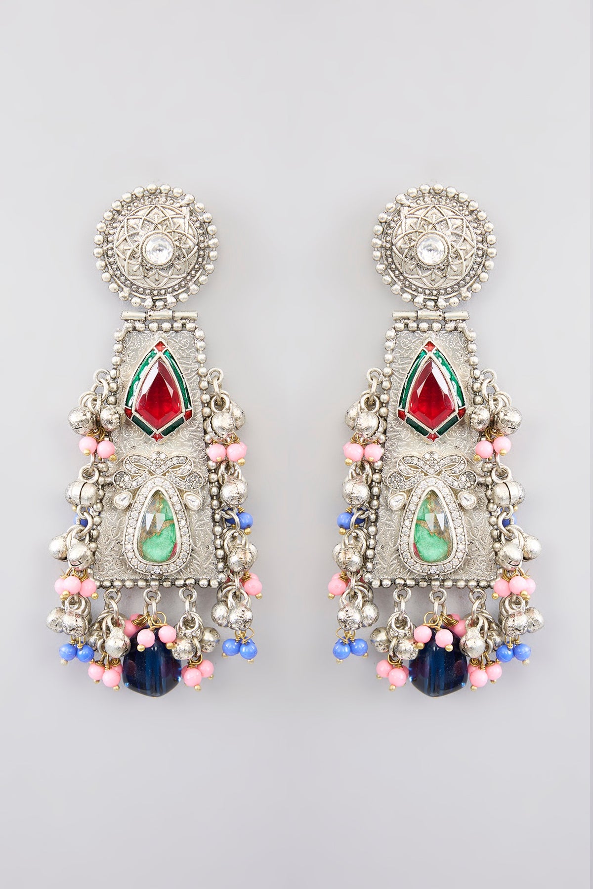 White Finish Beaded & Multi-Colored Synthetic Stone Necklace Set