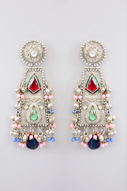 White Finish Beaded & Multi-Colored Synthetic Stone Necklace Set