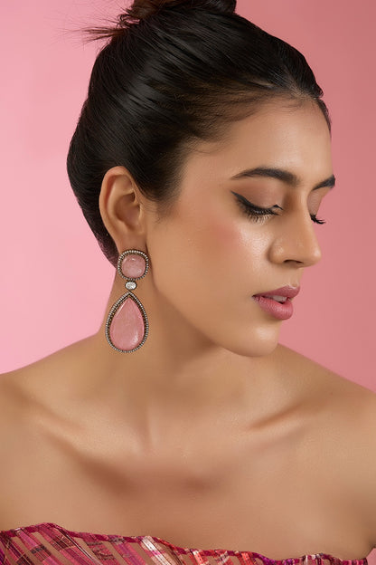 Two Tone Finish Rose Quartz & Zircon Dangler Earrings