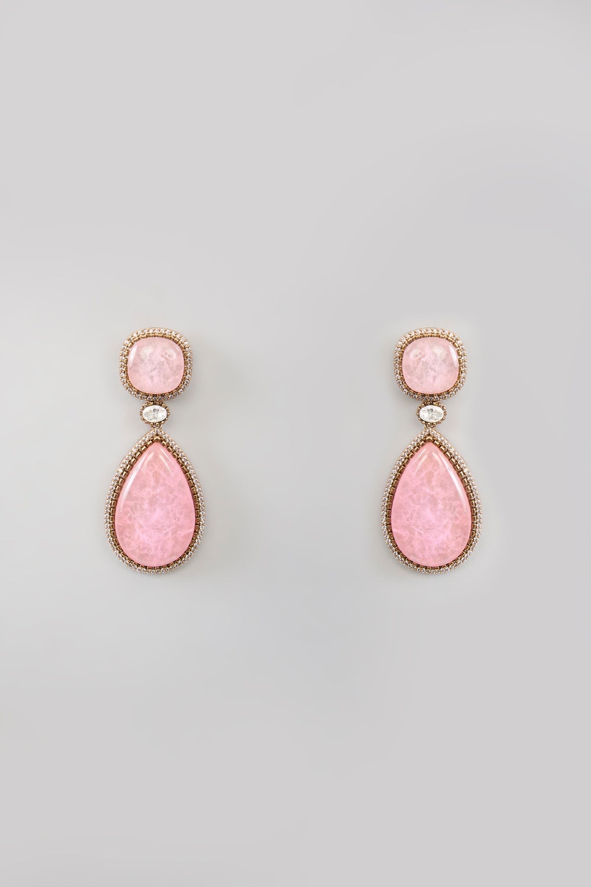 Two Tone Finish Rose Quartz & Zircon Dangler Earrings