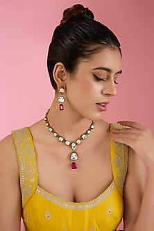 Gold Finish Kundan Polki & Beaded Necklace Set