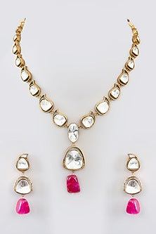 Gold Finish Kundan Polki & Beaded Necklace Set