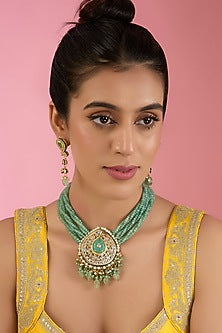 Gold Finish Kundan Polki & Beaded Necklace Set