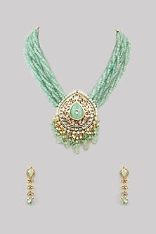 Gold Finish Kundan Polki & Beaded Necklace Set
