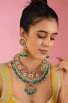 Gold Finish Kundan Polki & Beaded Necklace Set