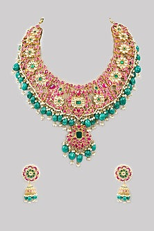 Gold Finish Kundan Polki & Beaded Necklace Set
