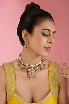 Gold Finish Kundan Polki & Beaded Necklace Set