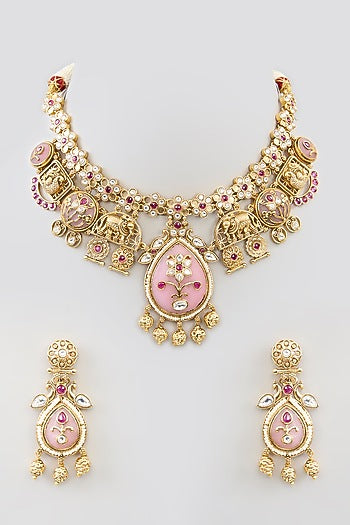 Gold Finish Kundan Polki & Beaded Necklace Set