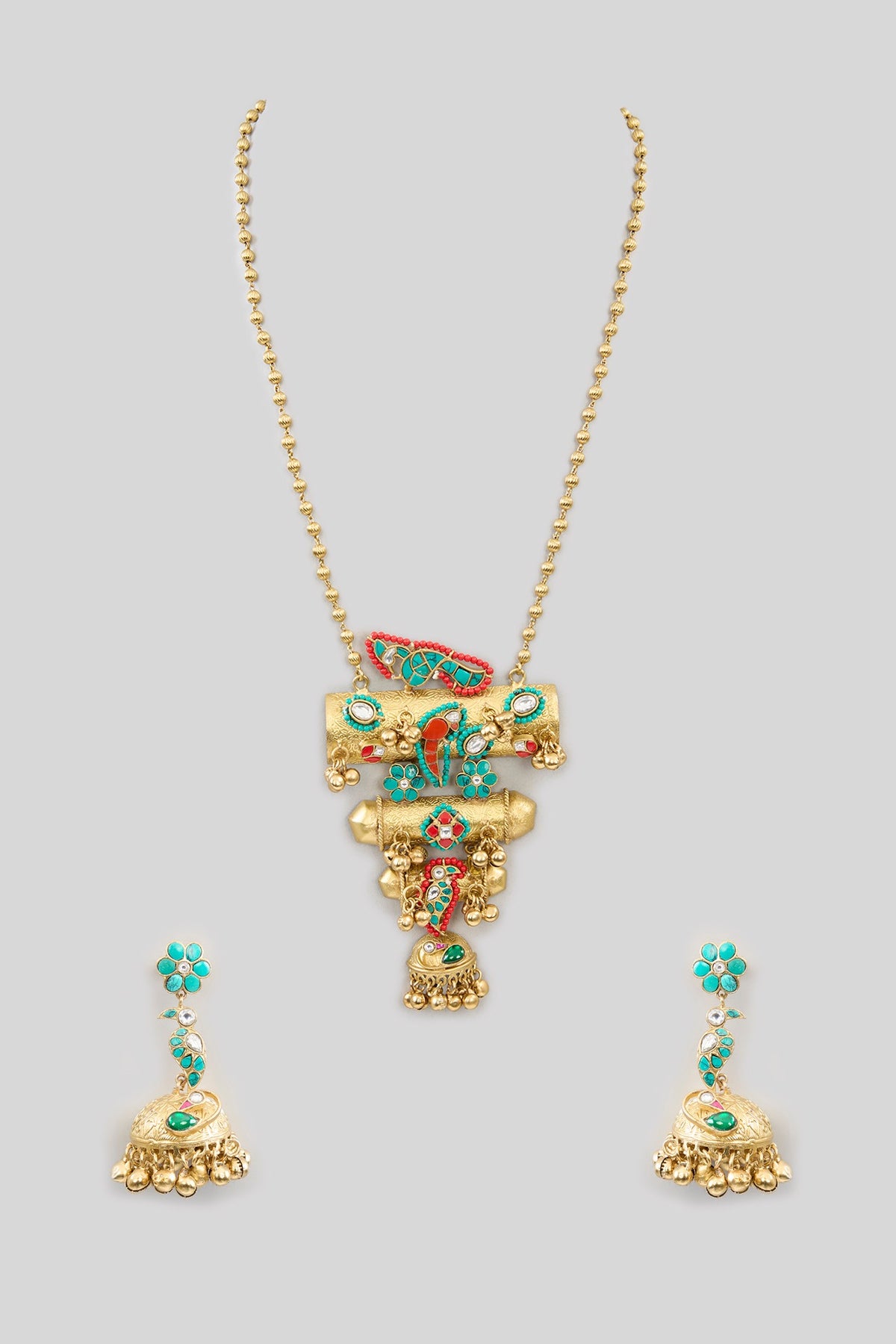 Gold Finish Kundan Polki & Beaded Necklace Set