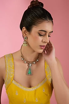 Gold Finish Kundan Polki & Beaded Necklace Set
