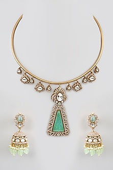 Gold Finish Kundan Polki & Beaded Necklace Set