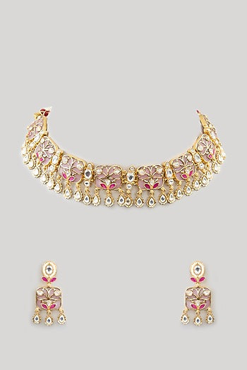 Gold Finish Kundan Polki & Beaded Necklace Set