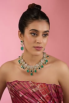 Two Tone Finish Multi-Colored Stone & Zircon Necklace Set
