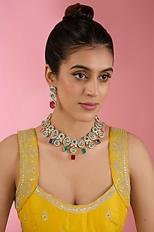 Two Tone Finish Multi-Colored Stone & Zircon Necklace Set