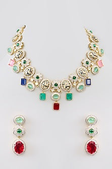 Two Tone Finish Multi-Colored Stone & Zircon Necklace Set