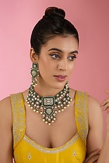 Gold Finish Kundan Polki & Beaded Necklace Set