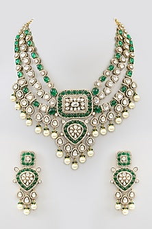 Gold Finish Kundan Polki & Beaded Necklace Set