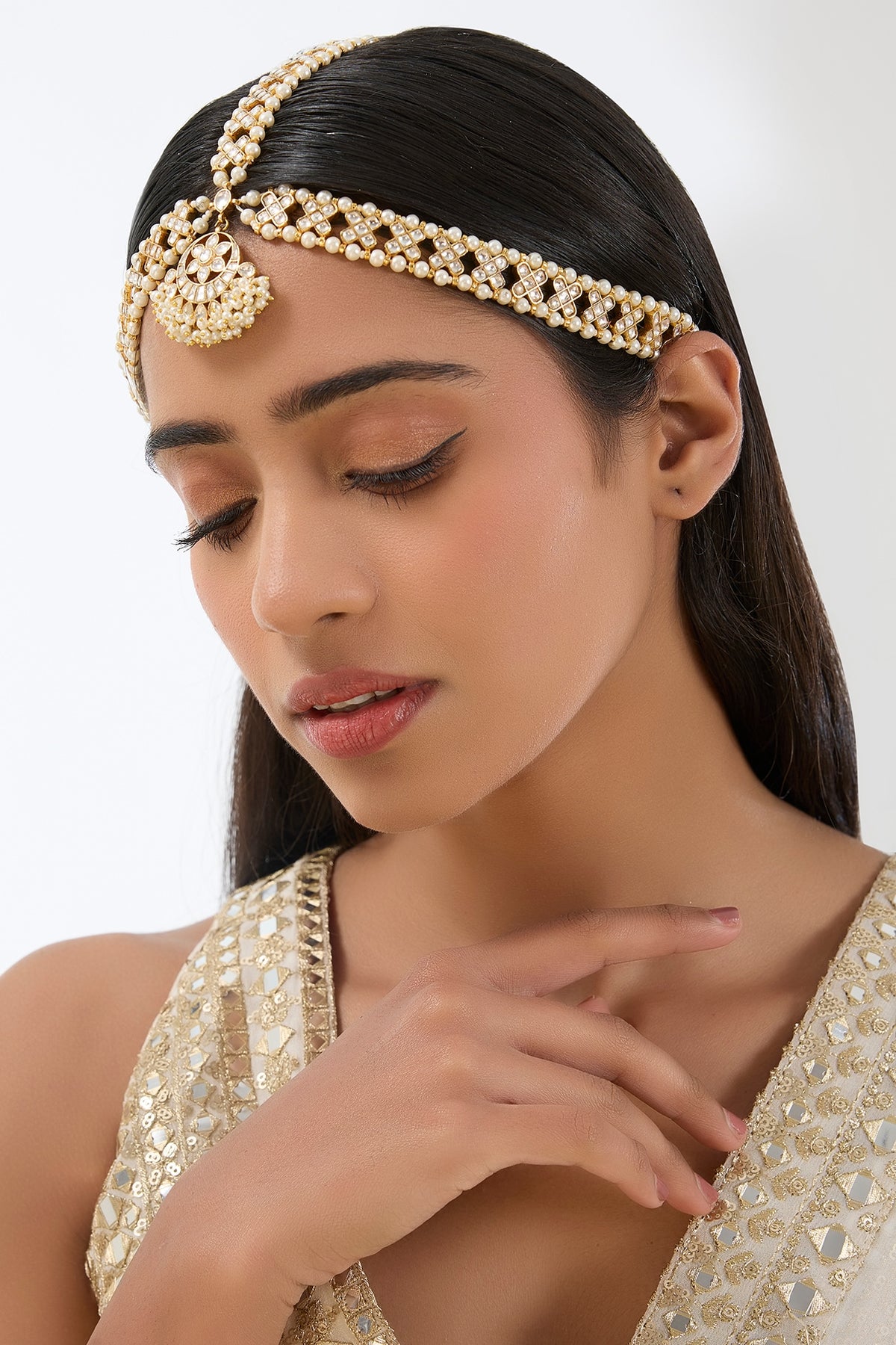 Gold Finish Kundan Polki & Beaded Mathapatti