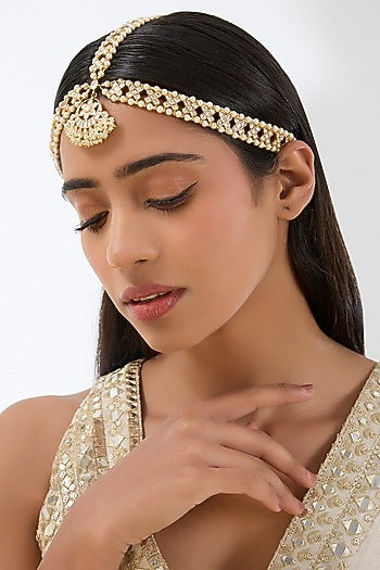 Gold Finish Kundan Polki & Beaded Mathapatti