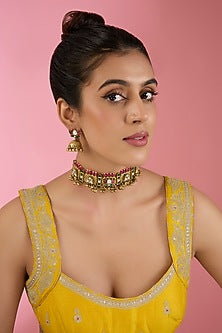 Gold Finish Kundan Polki & Beaded Choker Necklace Set