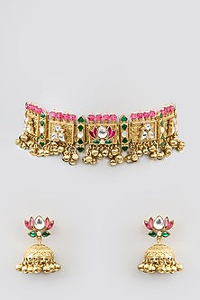 Gold Finish Kundan Polki & Beaded Choker Necklace Set