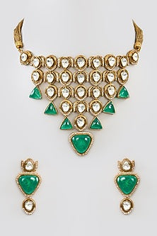 Gold Finish Kundan Polki & Beaded Necklace Set