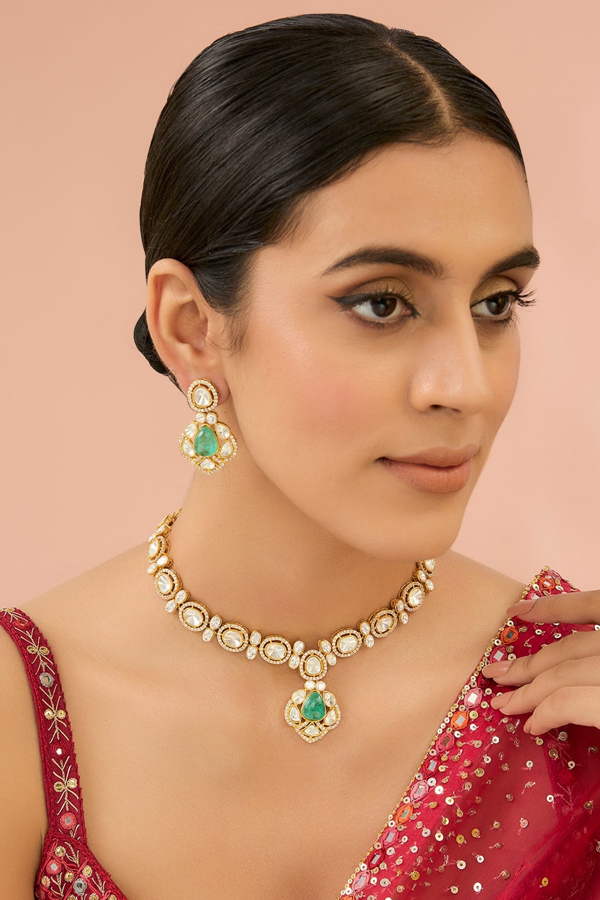 Gold Finish Kundan Polki & Green Beaded Necklace Set