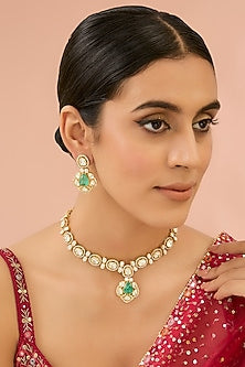 Gold Finish Kundan Polki & Green Beaded Necklace Set