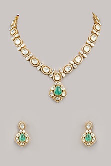 Gold Finish Kundan Polki & Green Beaded Necklace Set