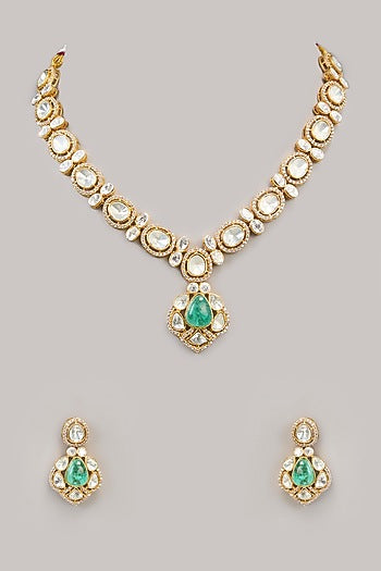 Gold Finish Kundan Polki & Green Beaded Necklace Set