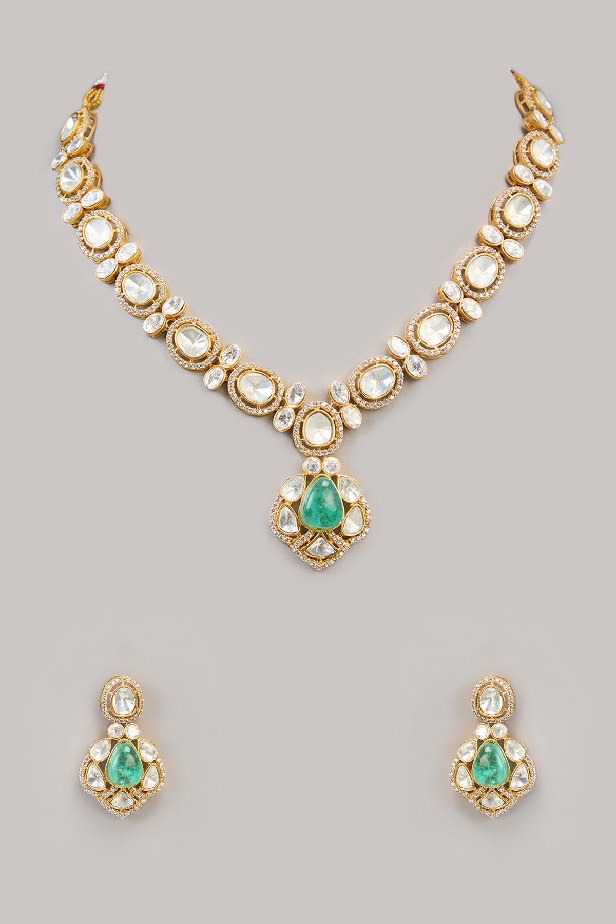 Gold Finish Kundan Polki & Green Beaded Necklace Set