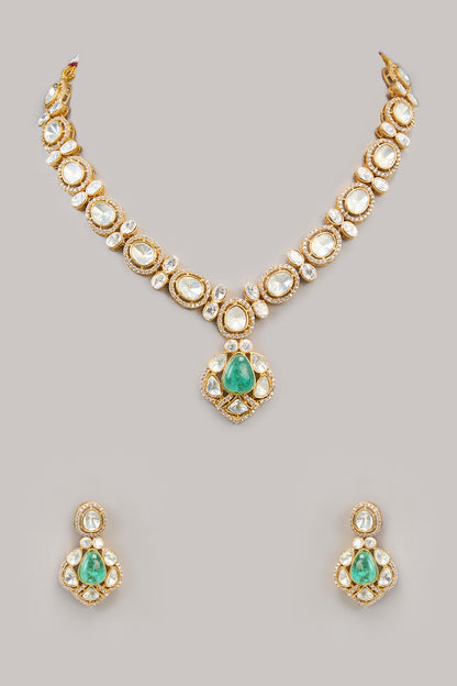 Gold Finish Kundan Polki & Green Beaded Necklace Set
