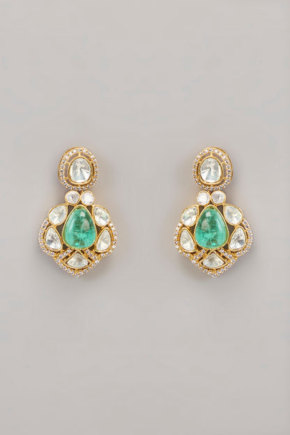 Gold Finish Kundan Polki & Green Beaded Necklace Set