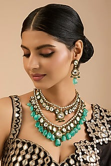 Gold Finish Kundan Polki & Green Beaded Necklace Set