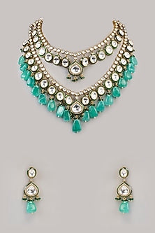Gold Finish Kundan Polki & Green Beaded Necklace Set