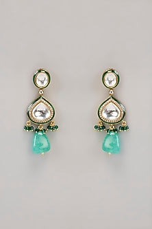 Gold Finish Kundan Polki & Green Beaded Necklace Set
